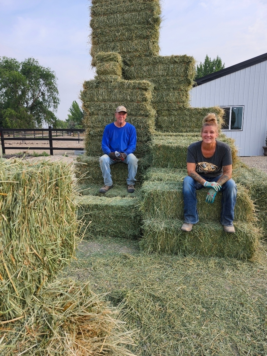 Family members seated on stacked hay bales during harvest season