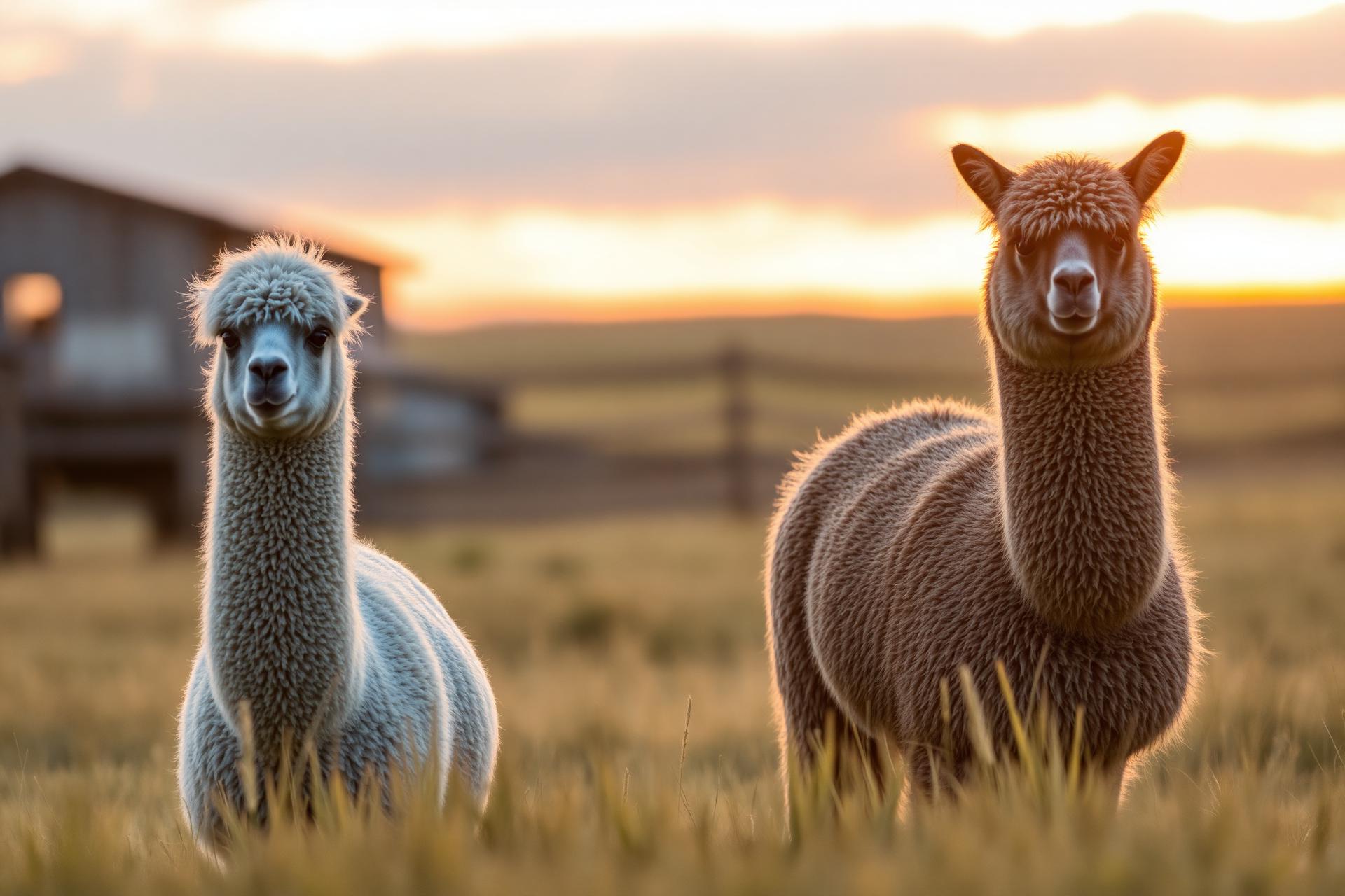 Two alpacas in an Idaho pasture at sunset